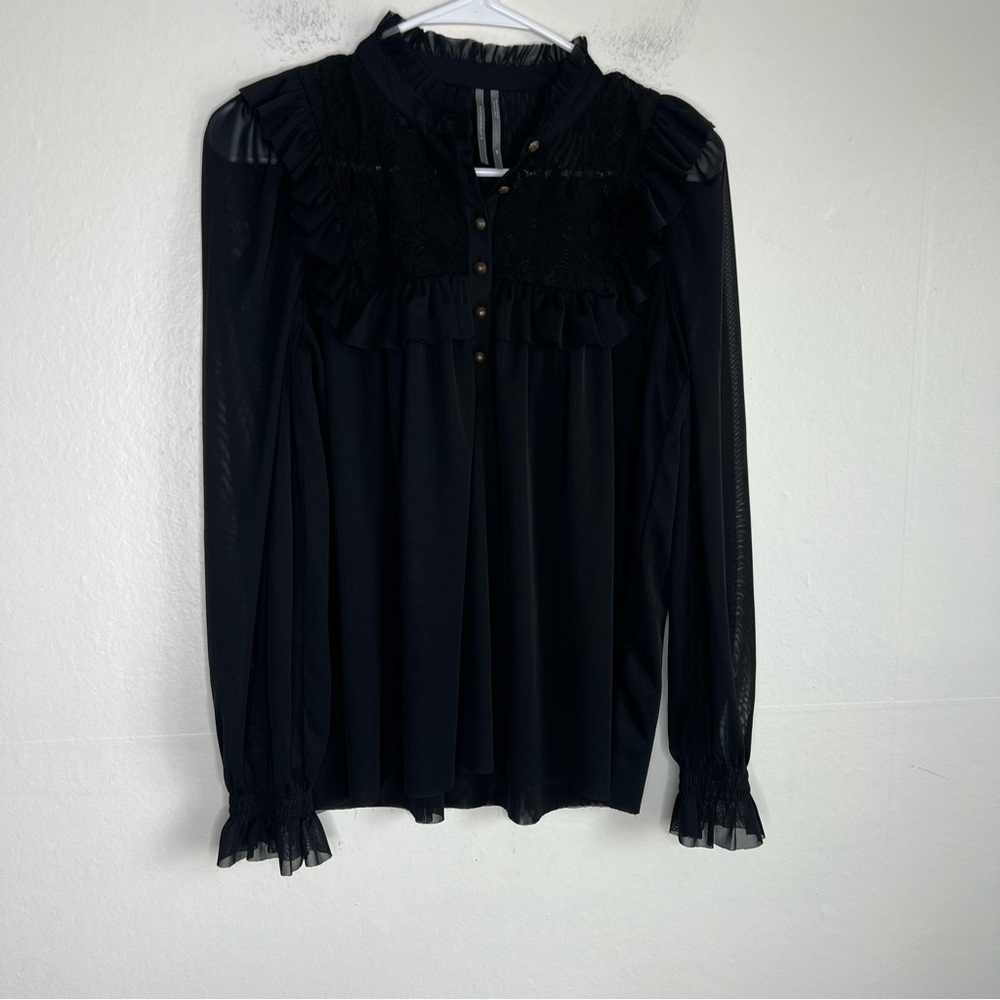 Anthropologie Ruffled Black Lace Top Size XS Raw hem Double layered - Picture 6 of 7